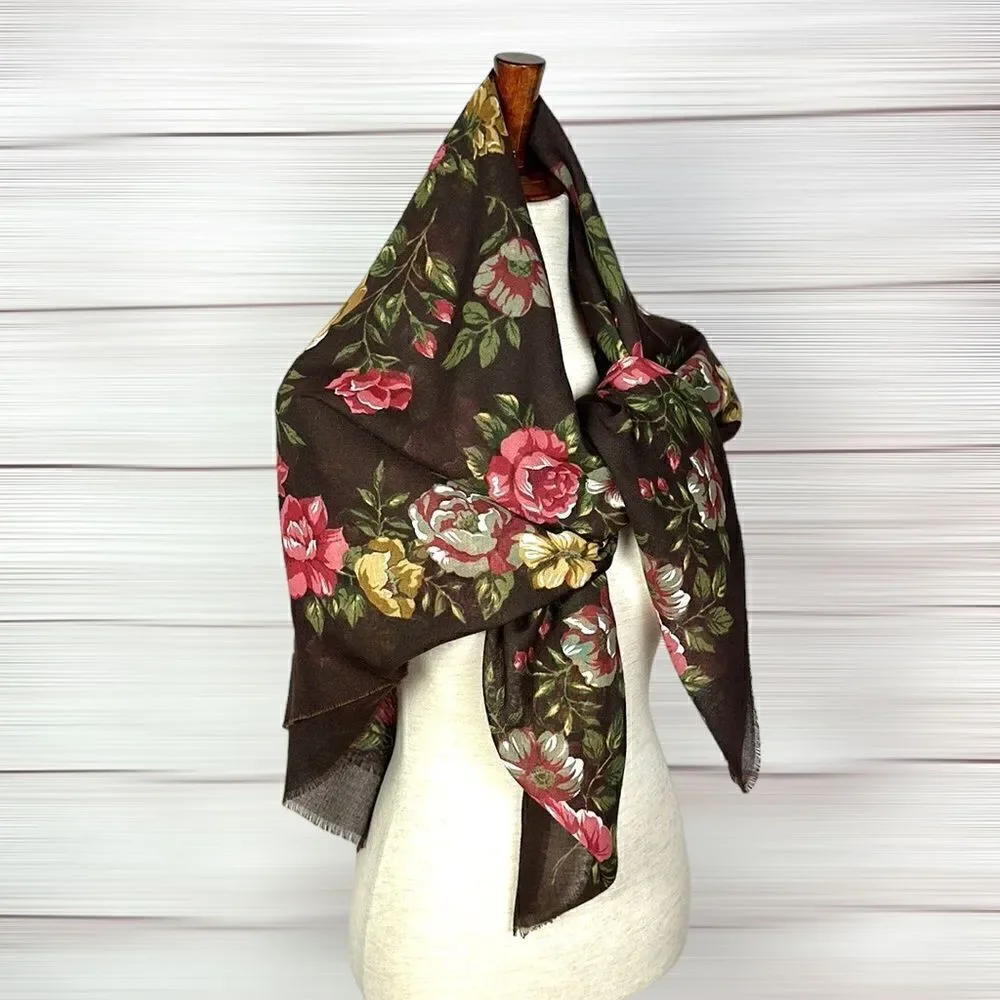 Large Square Brown Floral Roses Scarf Shawl Wrap 46x46